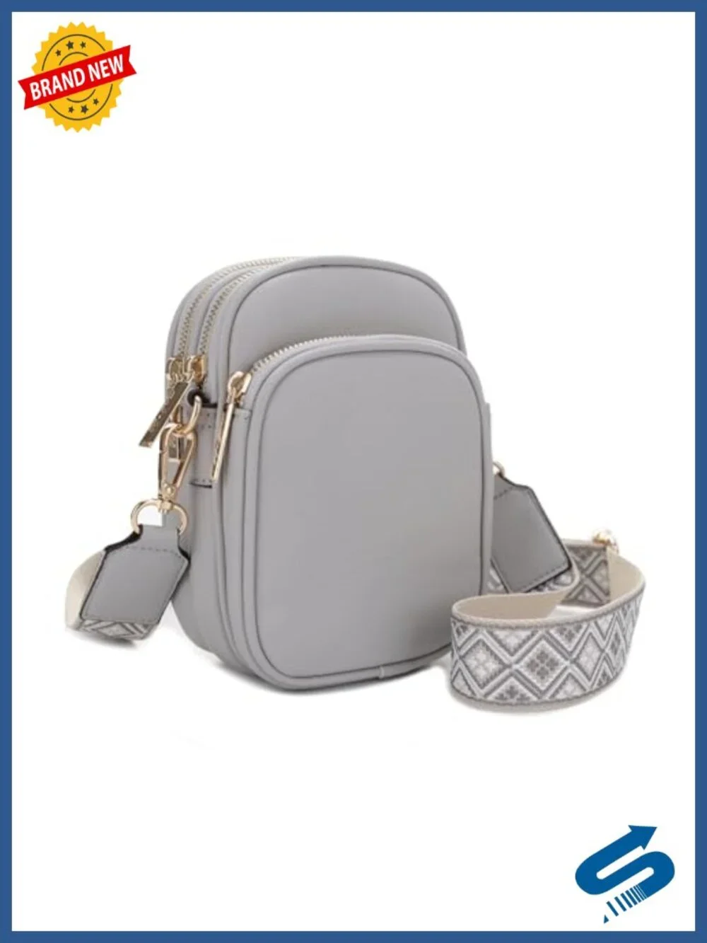 Triple Zip Crossbody Bag in Vegan PU Leather with Adjustable Strap